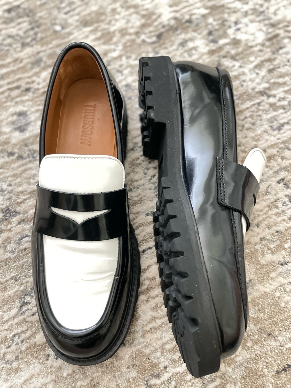 Thursday Tuxedo Lug Penny Loafers Black & White Leather Chunky Size 9.5 Women - Picture 4 of 13